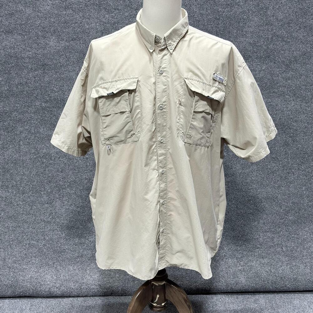 Columbia PFG Shirt Mens 2XL Beige Short Sleeve Fishing Omni-Shade Button Front